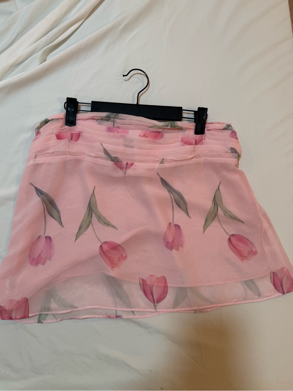 Pink Floral Tulip Print Chiffon Mini Skirt